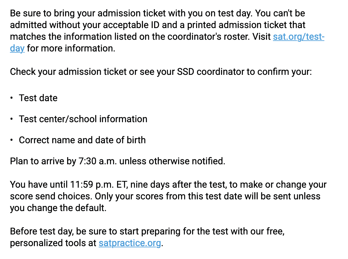 Email from College Board with a checklist for SAT test